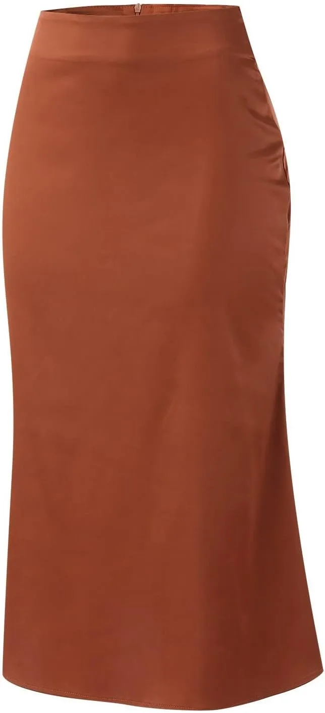 Womens Satin Skirts Casual Silk Midi Skirt High Waisted Flared A-line Long Skirts Zipper Elegant Work Skirts