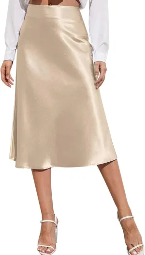 Womens Satin Skirts Casual Silk Midi Skirt High Waisted Flared A-line Long Skirts Zipper Elegant Work Skirts