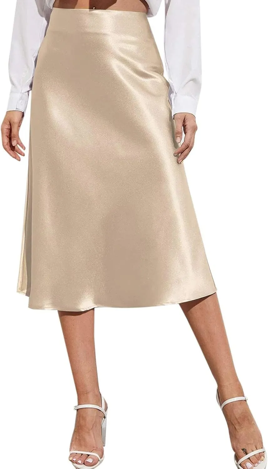 Womens Satin Skirts Casual Silk Midi Skirt High Waisted Flared A-line Long Skirts Zipper Elegant Work Skirts