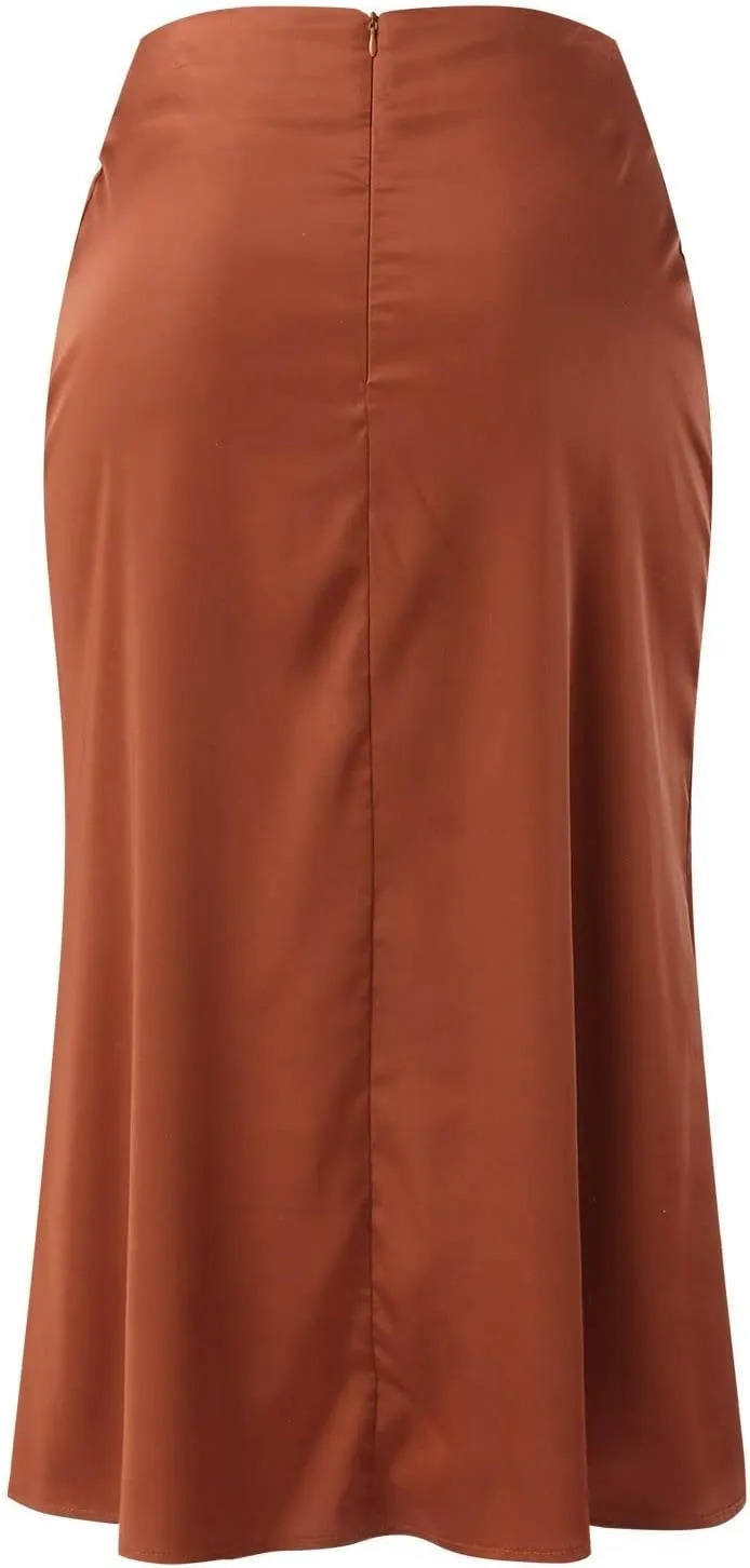 Womens Satin Skirts Casual Silk Midi Skirt High Waisted Flared A-line Long Skirts Zipper Elegant Work Skirts