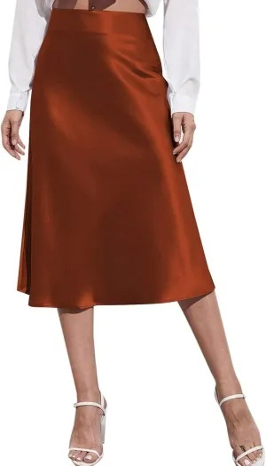 Womens Satin Skirts Casual Silk Midi Skirt High Waisted Flared A-line Long Skirts Zipper Elegant Work Skirts