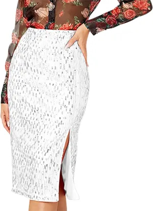 Women's Sequin Skirt High Waist Side Split Sparkly Glitter Pencil Midi Skirts Sexy Elegant Cocktail Party Skirt