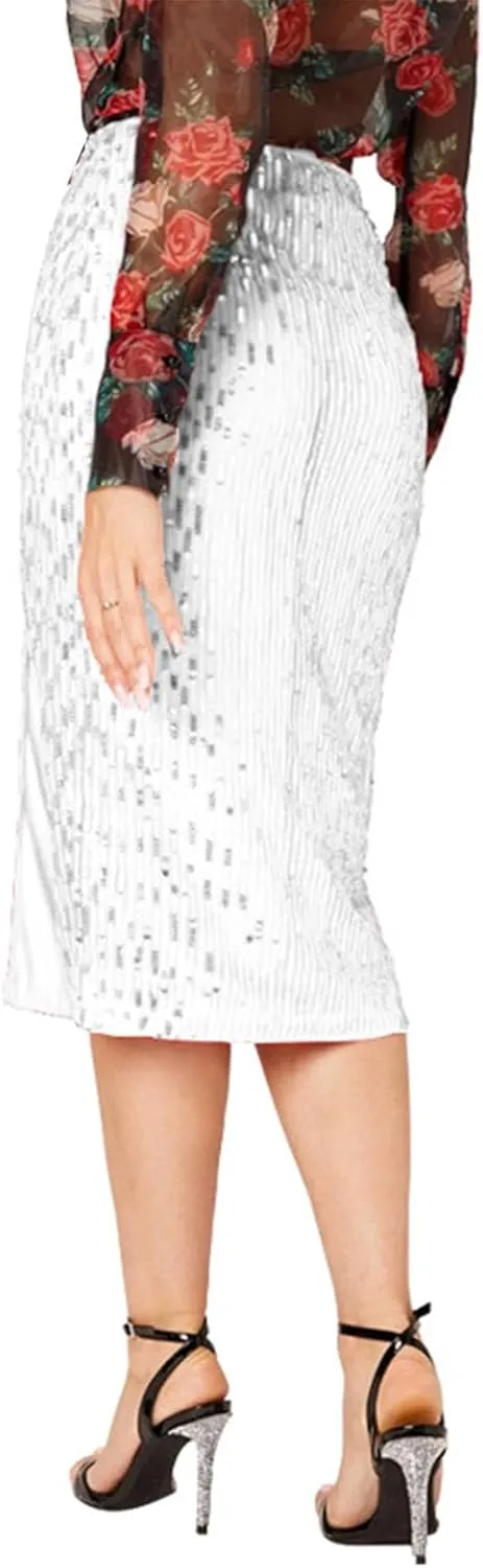 Women's Sequin Skirt High Waist Side Split Sparkly Glitter Pencil Midi Skirts Sexy Elegant Cocktail Party Skirt