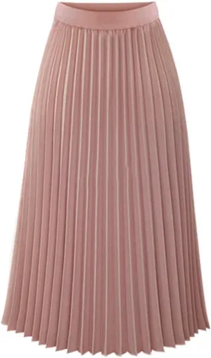 Womens Skirt Solid Print Midi Long Shirring Skirts High Waisted Flowy Pleated Skirt Chiffon Swing A-line Skirts