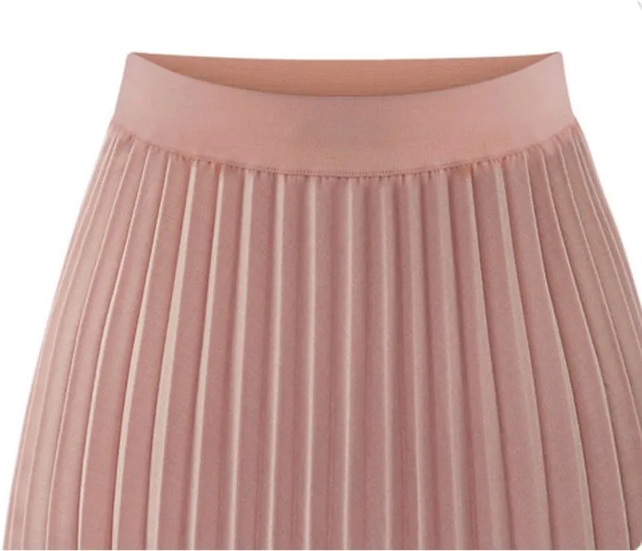 Womens Skirt Solid Print Midi Long Shirring Skirts High Waisted Flowy Pleated Skirt Chiffon Swing A-line Skirts