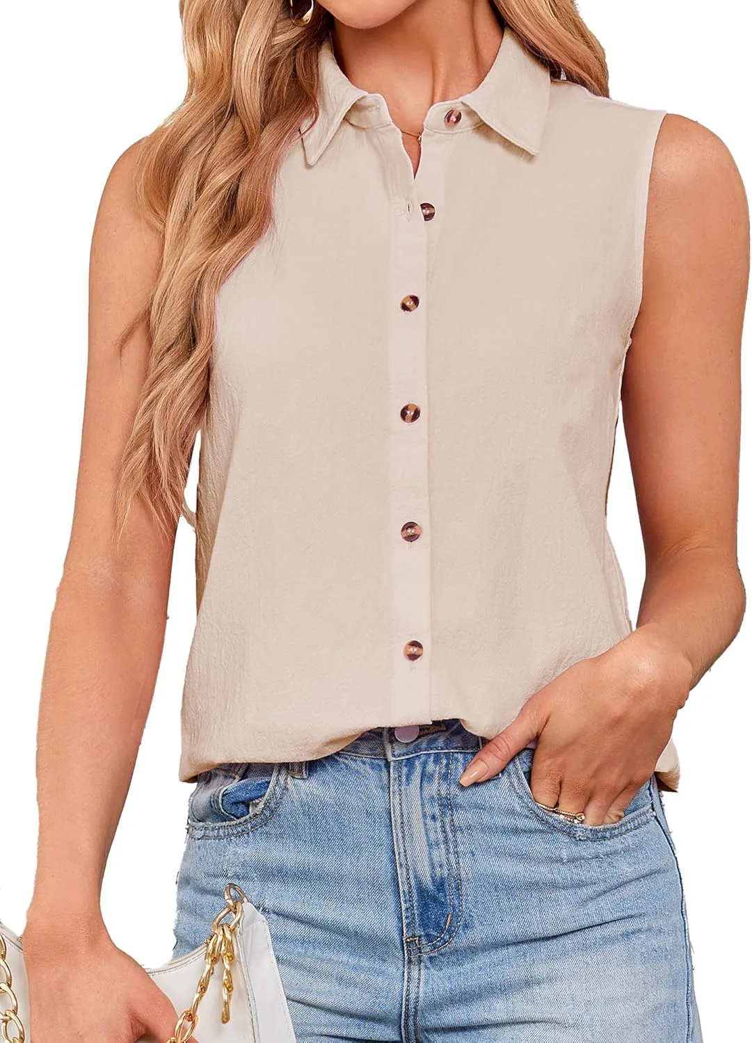 Womens Sleeveless Button Down Shirts Cotton Linen Blouses Solid Color V Neck Casual Work Tank Tops
