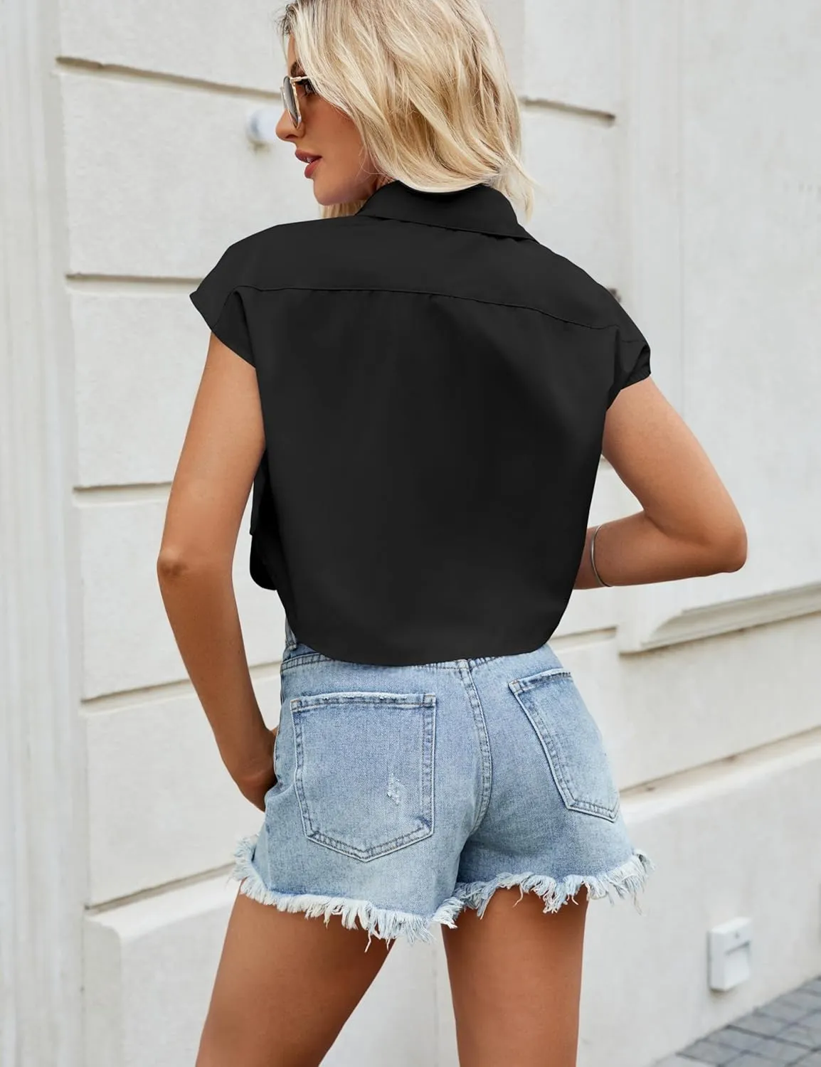 Womens Sleeveless Cropped Short Button Down Shirt Lapel Collared Loose Cap Sleeve Blouses Tops Vest with Pockets