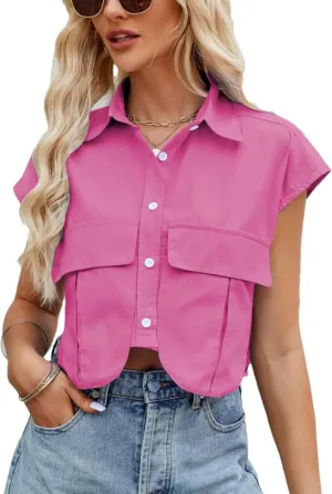 Womens Sleeveless Cropped Short Button Down Shirt Lapel Collared Loose Cap Sleeve Blouses Tops Vest with Pockets