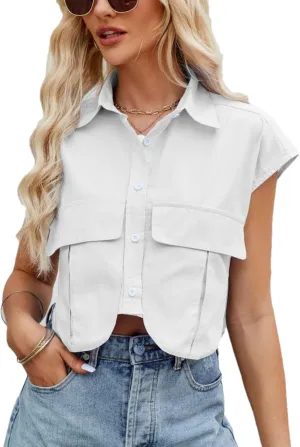Womens Sleeveless Cropped Short Button Down Shirt Lapel Collared Loose Cap Sleeve Blouses Tops Vest with Pockets