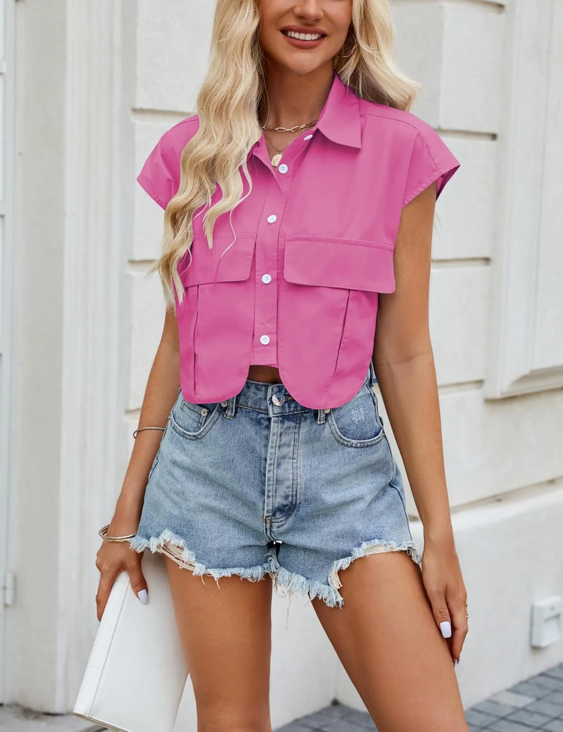 Womens Sleeveless Cropped Short Button Down Shirt Lapel Collared Loose Cap Sleeve Blouses Tops Vest with Pockets