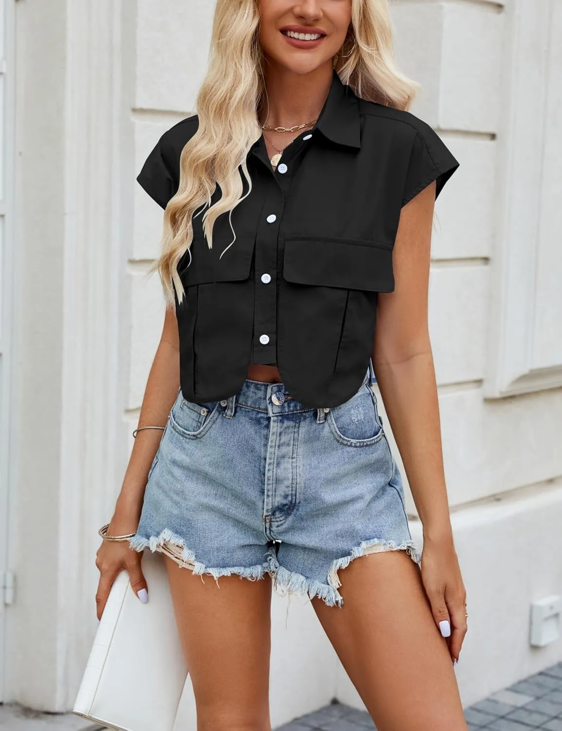 Womens Sleeveless Cropped Short Button Down Shirt Lapel Collared Loose Cap Sleeve Blouses Tops Vest with Pockets
