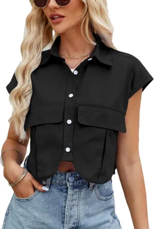 Womens Sleeveless Cropped Short Button Down Shirt Lapel Collared Loose Cap Sleeve Blouses Tops Vest with Pockets