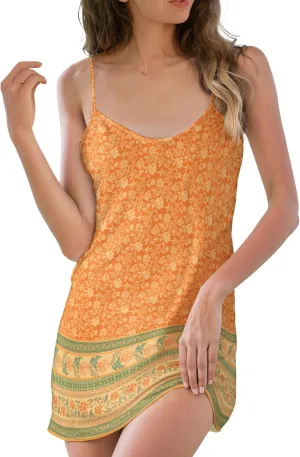 Womens Spaghetti Strap Floral Dress, Summer Casual Dresses for Women, Vintage Floral Sleepwear Dress Pocket 1