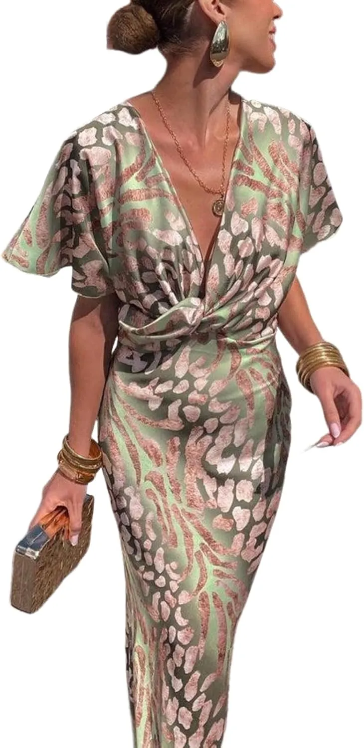 Women's Summer 2025 Maxi Dress Special Green Short Sleeve Bodycon Skirt Elegant Sexy Cocktial Party Dress