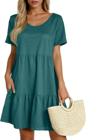 Women's Summer Casual Short Sleeve Loose Dress with Pockets Flowy Tunic Swing Dress for Beach Vacation