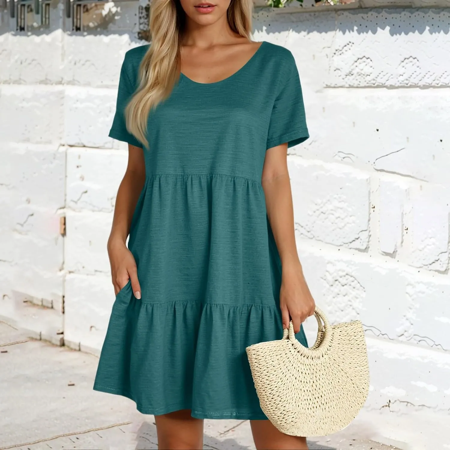 Women's Summer Casual Short Sleeve Loose Dress with Pockets Flowy Tunic Swing Dress for Beach Vacation