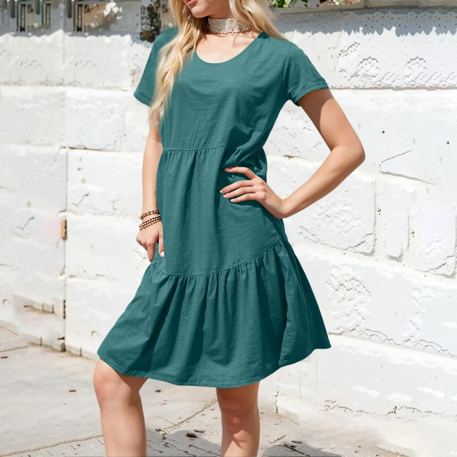 Women's Summer Casual Short Sleeve Loose Dress with Pockets Flowy Tunic Swing Dress for Beach Vacation