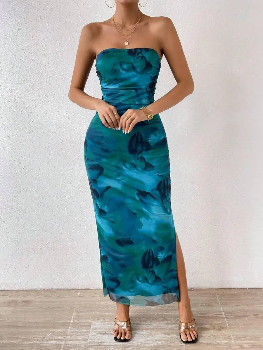 Women's Summer Dress Printed Strapless Tube Top Dress Bodycon Maxi Dress Side Slit Mesh Layered