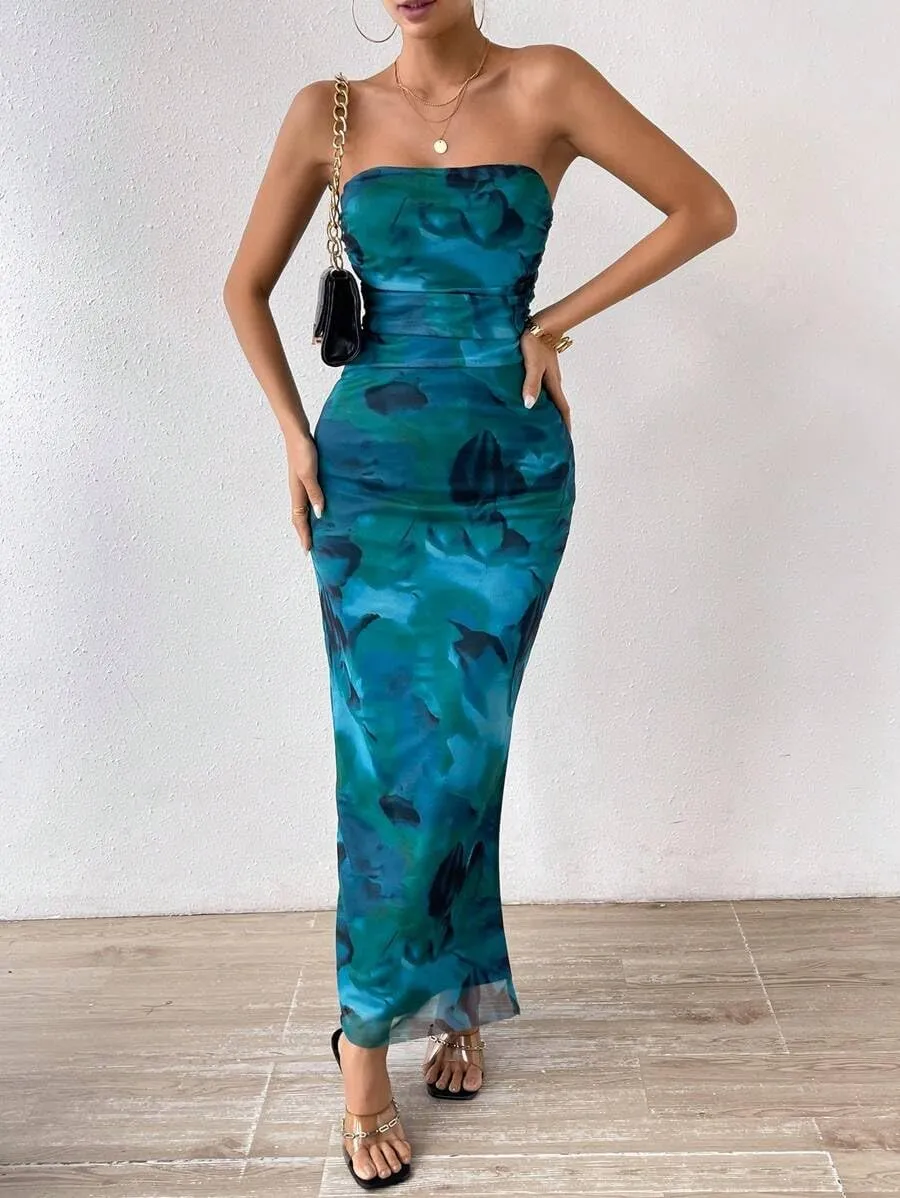 Women's Summer Dress Printed Strapless Tube Top Dress Bodycon Maxi Dress Side Slit Mesh Layered
