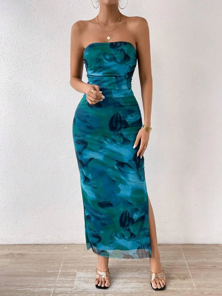 Women's Summer Dress Printed Strapless Tube Top Dress Bodycon Maxi Dress Side Slit Mesh Layered