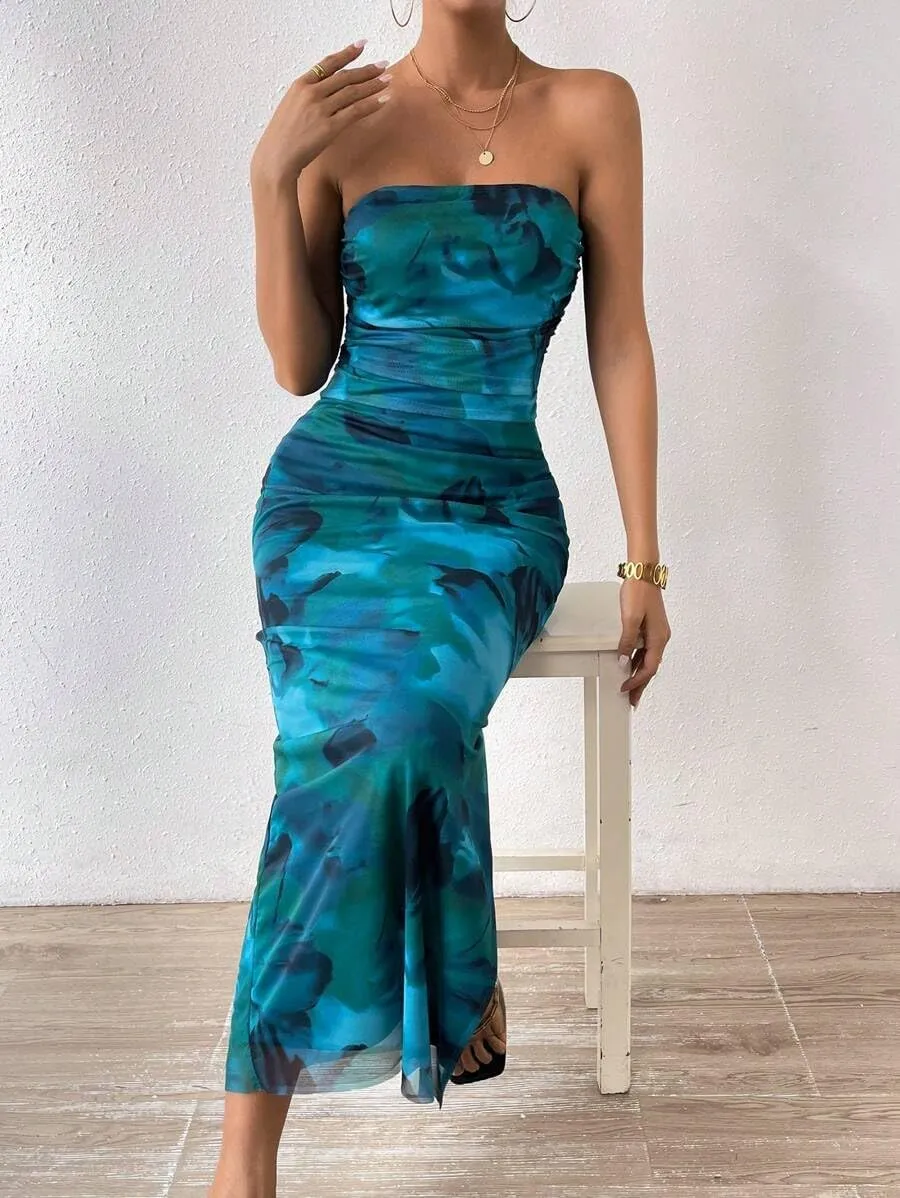 Women's Summer Dress Printed Strapless Tube Top Dress Bodycon Maxi Dress Side Slit Mesh Layered
