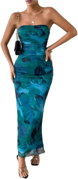 Women's Summer Dress Printed Strapless Tube Top Dress Bodycon Maxi Dress Side Slit Mesh Layered
