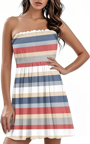 Women's Summer Dresses Sun Strapless Tube Short Dress Casual Mini Beach Cover Up High Waist Mini Sundress