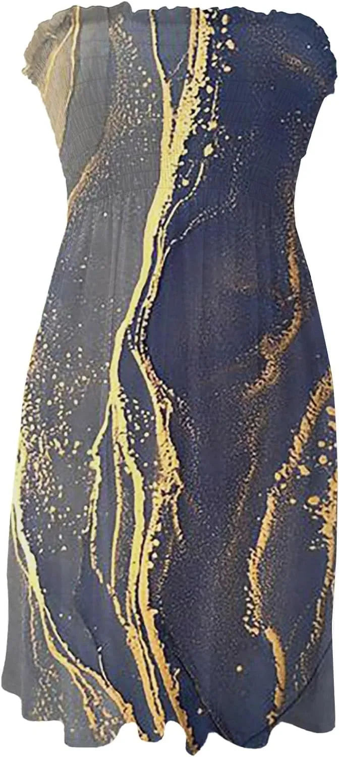 Women's Summer Dresses Sun Strapless Tube Short Dress Casual Mini Beach Cover Up High Waist Mini Sundress