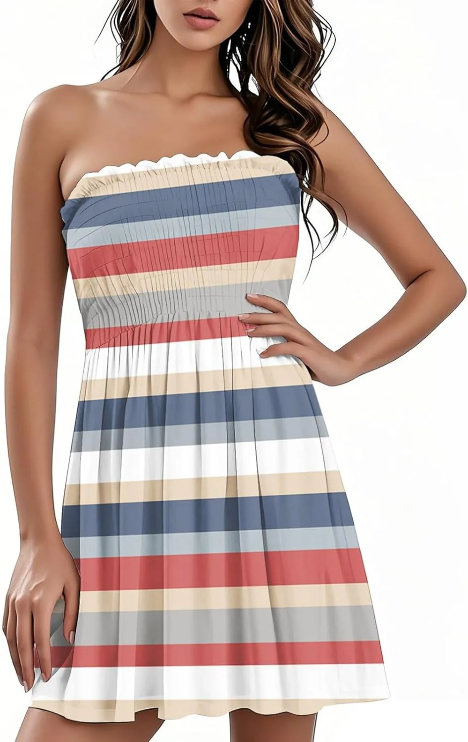Women's Summer Dresses Sun Strapless Tube Short Dress Casual Mini Beach Cover Up High Waist Mini Sundress