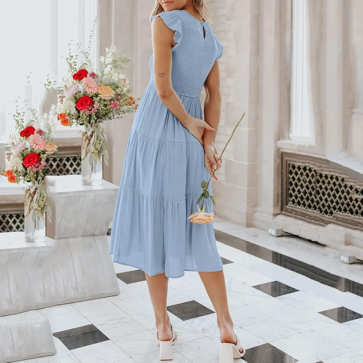 Women's Summer Floral Boho Dress Wrap V Neck Short Sleeve Ruffle A-Line Flowy Maxi Wedding Guest Dresses