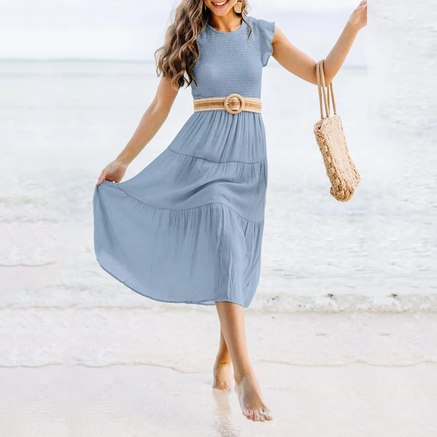 Women's Summer Floral Boho Dress Wrap V Neck Short Sleeve Ruffle A-Line Flowy Maxi Wedding Guest Dresses