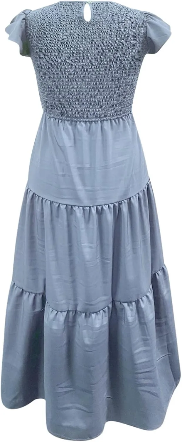 Women's Summer Floral Boho Dress Wrap V Neck Short Sleeve Ruffle A-Line Flowy Maxi Wedding Guest Dresses