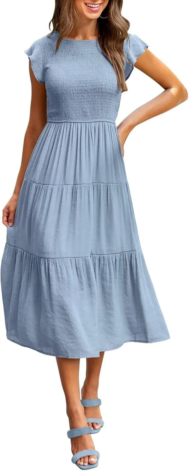 Women's Summer Floral Boho Dress Wrap V Neck Short Sleeve Ruffle A-Line Flowy Maxi Wedding Guest Dresses