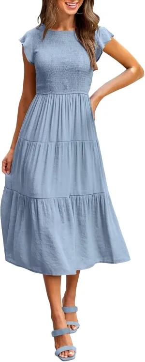 Women's Summer Floral Boho Dress Wrap V Neck Short Sleeve Ruffle A-Line Flowy Maxi Wedding Guest Dresses