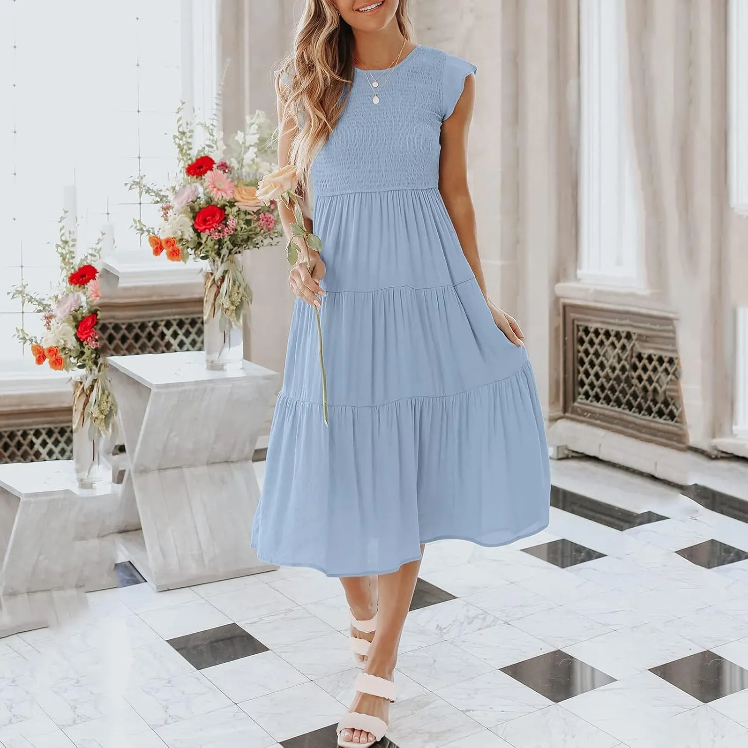 Women's Summer Floral Boho Dress Wrap V Neck Short Sleeve Ruffle A-Line Flowy Maxi Wedding Guest Dresses