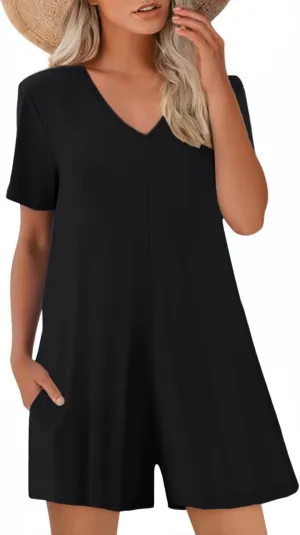 Women's Summer Short Sleeve V Neck Short Jumpsuit Loose Casual Romper with Pockets