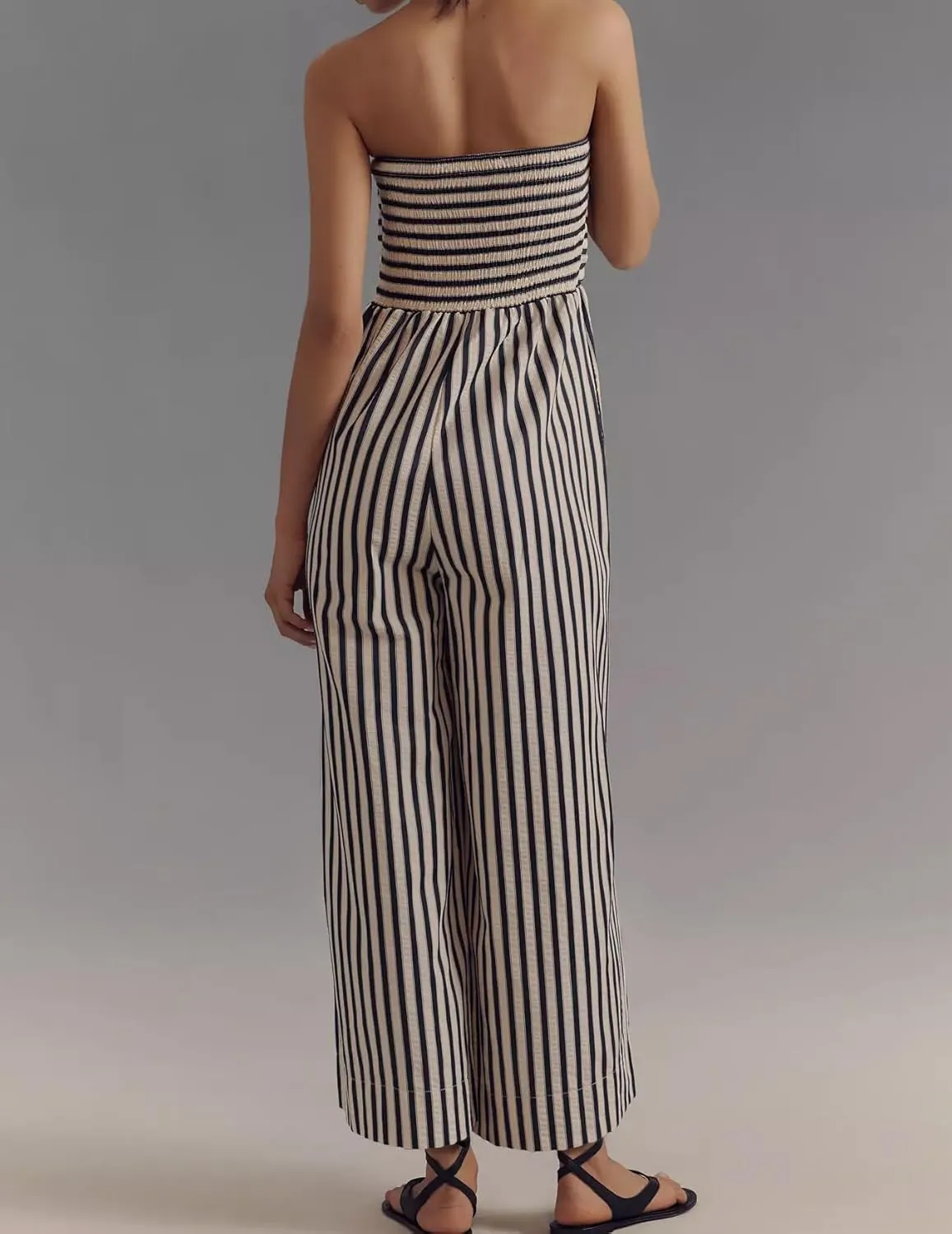 Womens Summer Strapless Jumpsuits Cute Striped Smocked Bow Tie Front Rompers 2025 One Piece Outfits with Pockets