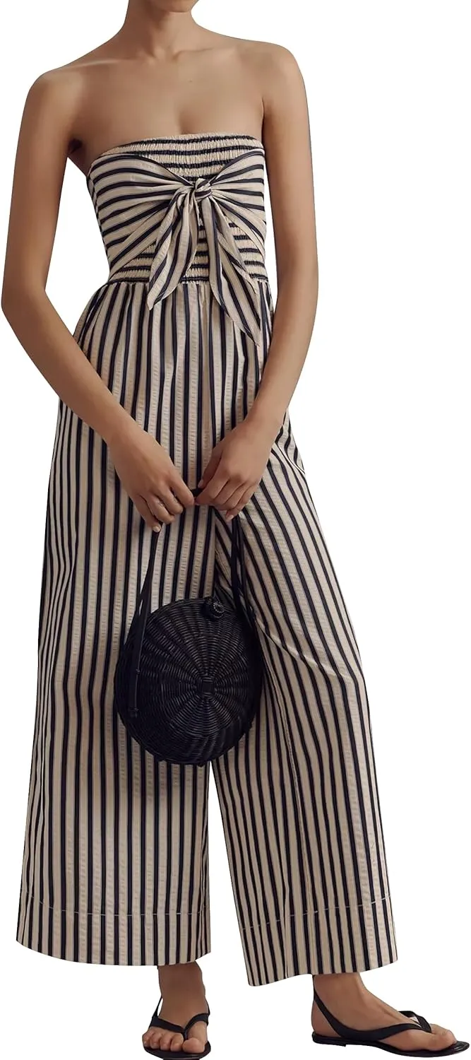 Womens Summer Strapless Jumpsuits Cute Striped Smocked Bow Tie Front Rompers 2025 One Piece Outfits with Pockets