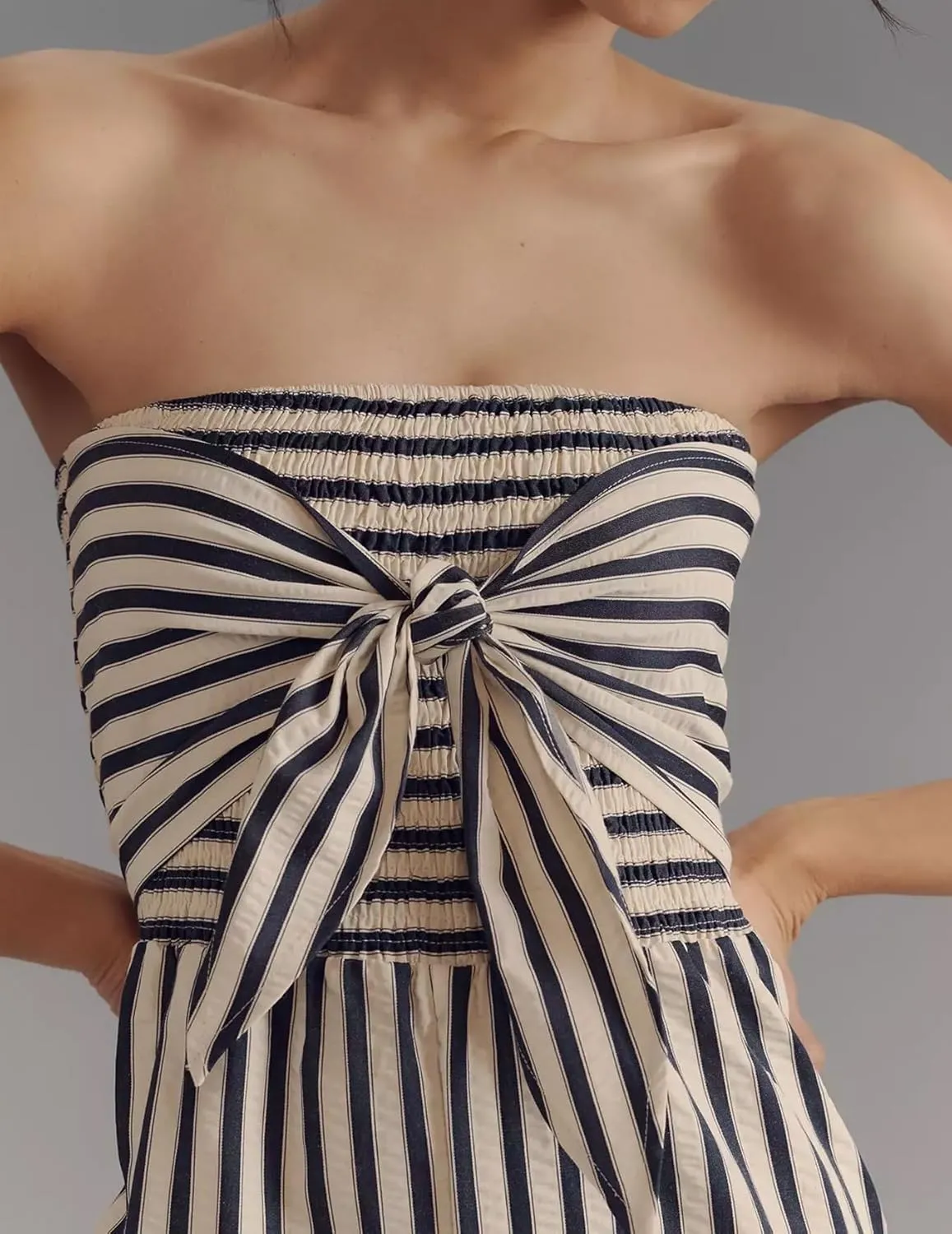 Womens Summer Strapless Jumpsuits Cute Striped Smocked Bow Tie Front Rompers 2025 One Piece Outfits with Pockets