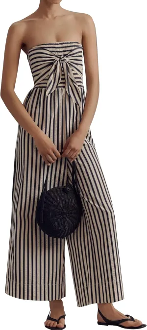 Womens Summer Strapless Jumpsuits Cute Striped Smocked Bow Tie Front Rompers 2025 One Piece Outfits with Pockets