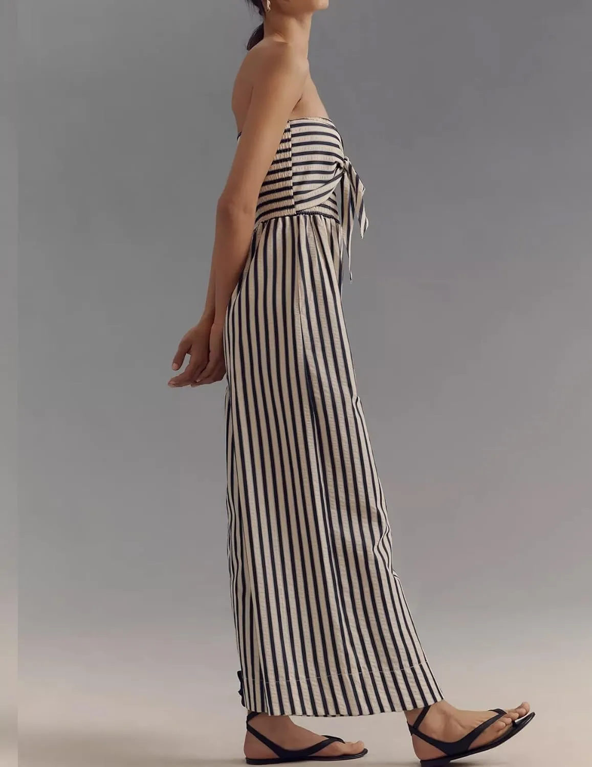 Womens Summer Strapless Jumpsuits Cute Striped Smocked Bow Tie Front Rompers 2025 One Piece Outfits with Pockets
