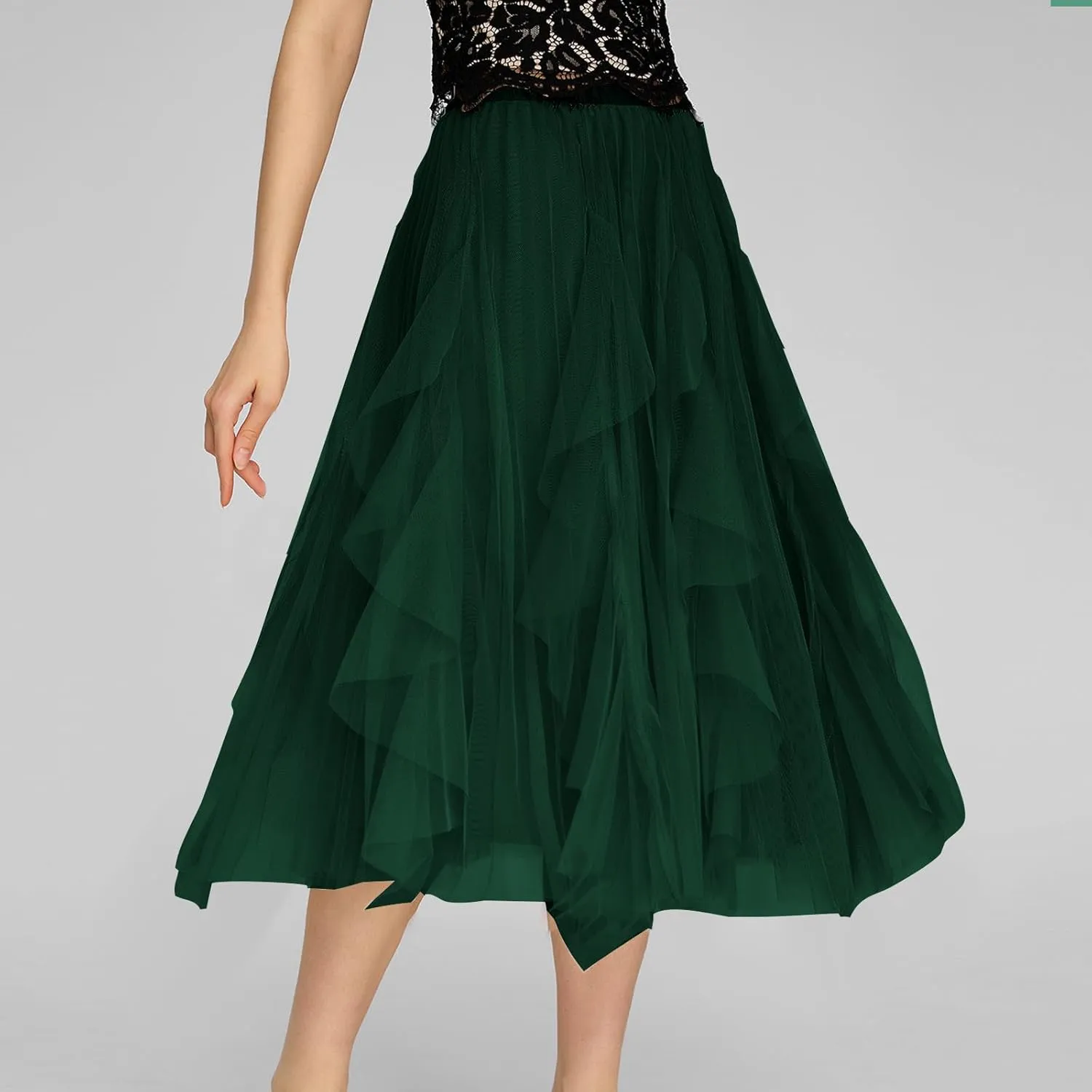Women's Tulle Skirt High Low Asymmetrical A-Line Fairy Elastic High Waist Mesh Layered Pleated Long Midi Skirts
