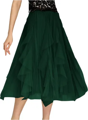 Women's Tulle Skirt High Low Asymmetrical A-Line Fairy Elastic High Waist Mesh Layered Pleated Long Midi Skirts