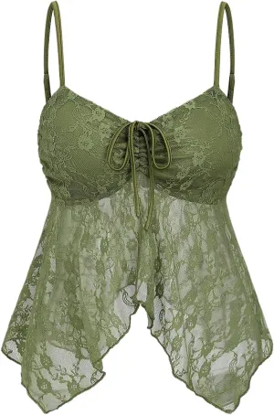 Women's Y2K Floral Lace Cami Tops Bow Tie Flowy Fitted Camisole Sheer Ruffle Asymmetrical Tank Top