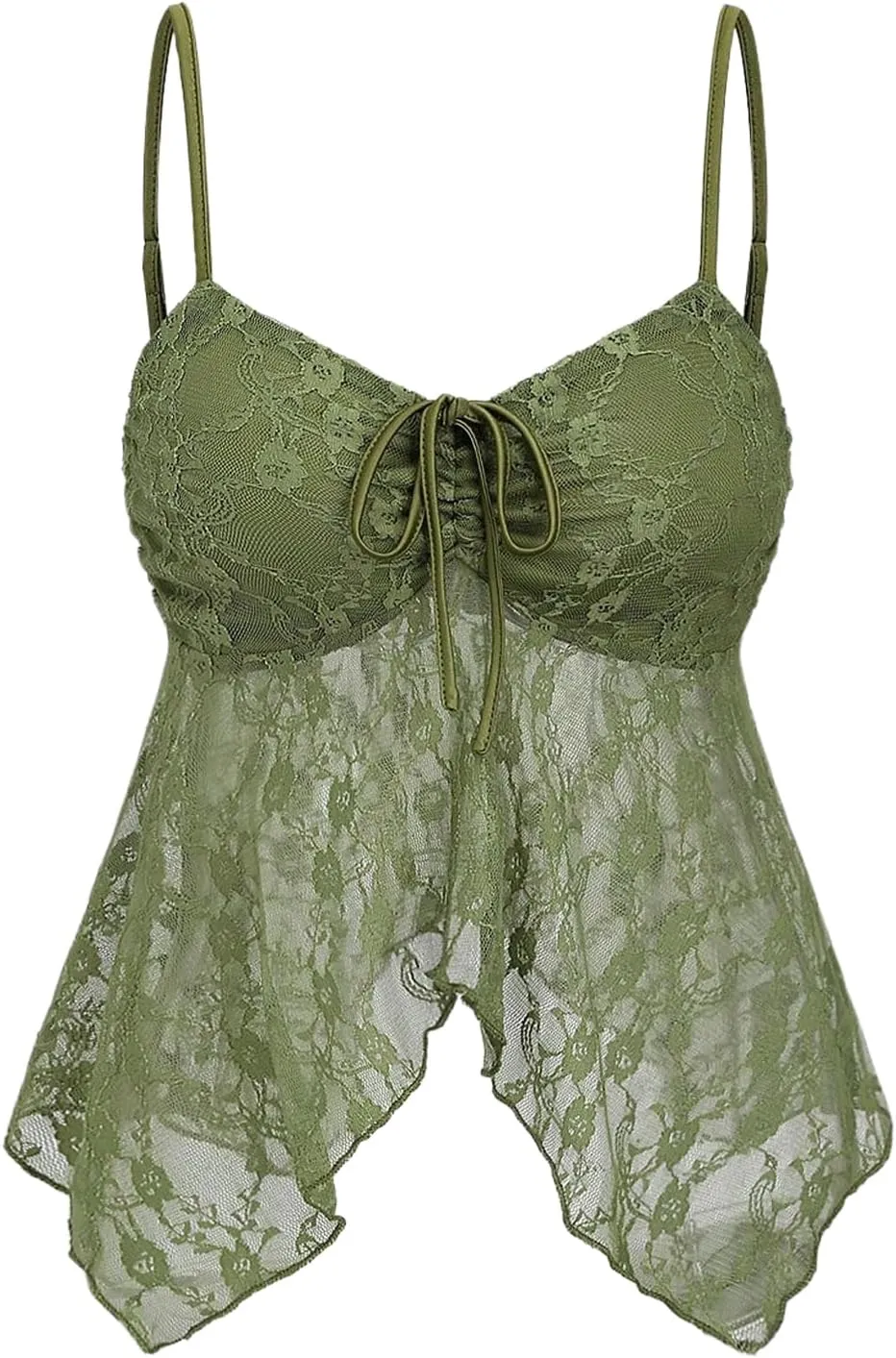 Women's Y2K Floral Lace Cami Tops Bow Tie Flowy Fitted Camisole Sheer Ruffle Asymmetrical Tank Top