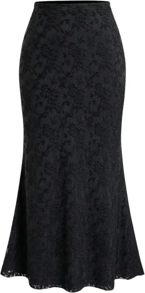 Women's Y2k Floral Lace Skirt Mesh Vintage Fishtail Goth Grunge High Waisted Bodycon Long Skirt