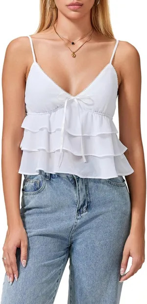 Women's Y2K Ruffle Low Cut Camisole Spaghetti Strap Bow Trim Backless Crop Tops Going Out Streetwear