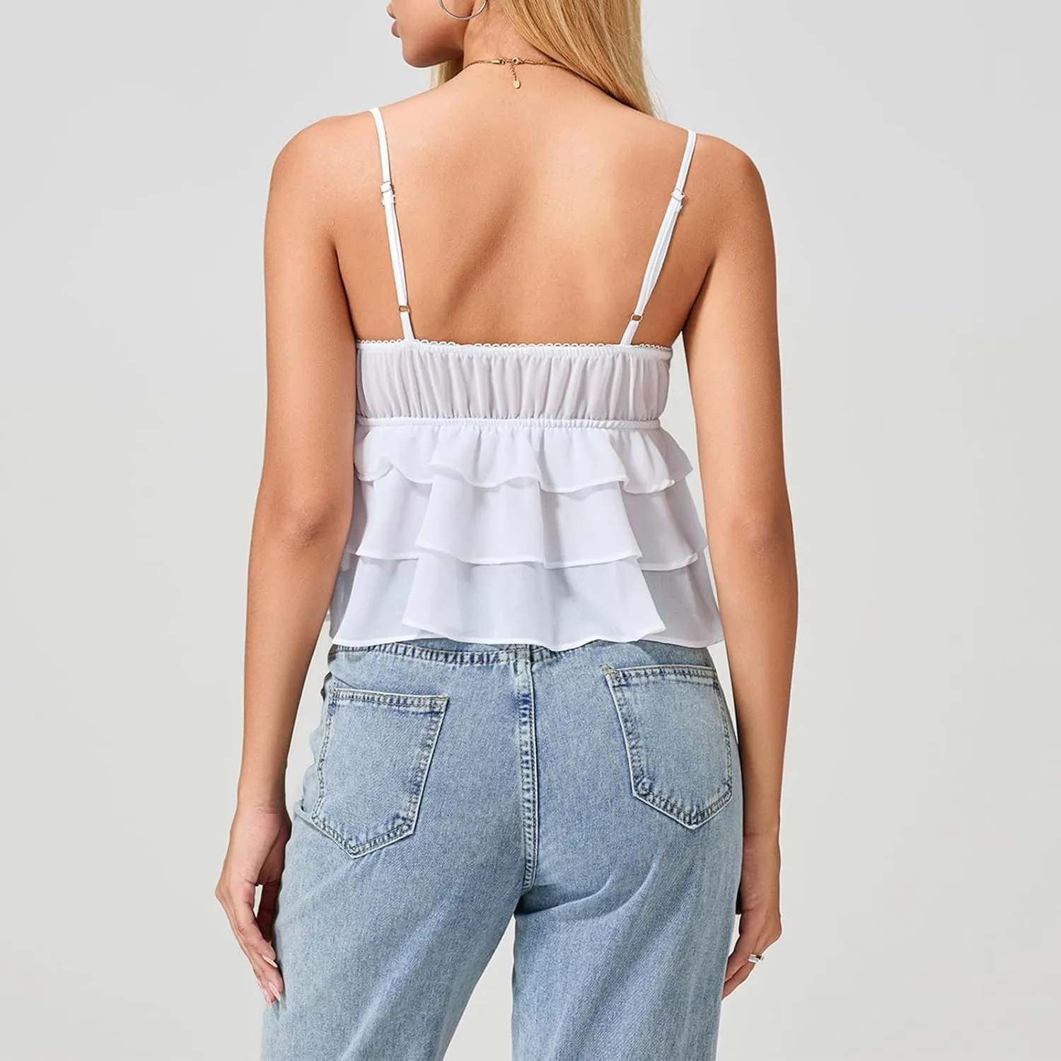Women's Y2K Ruffle Low Cut Camisole Spaghetti Strap Bow Trim Backless Crop Tops Going Out Streetwear