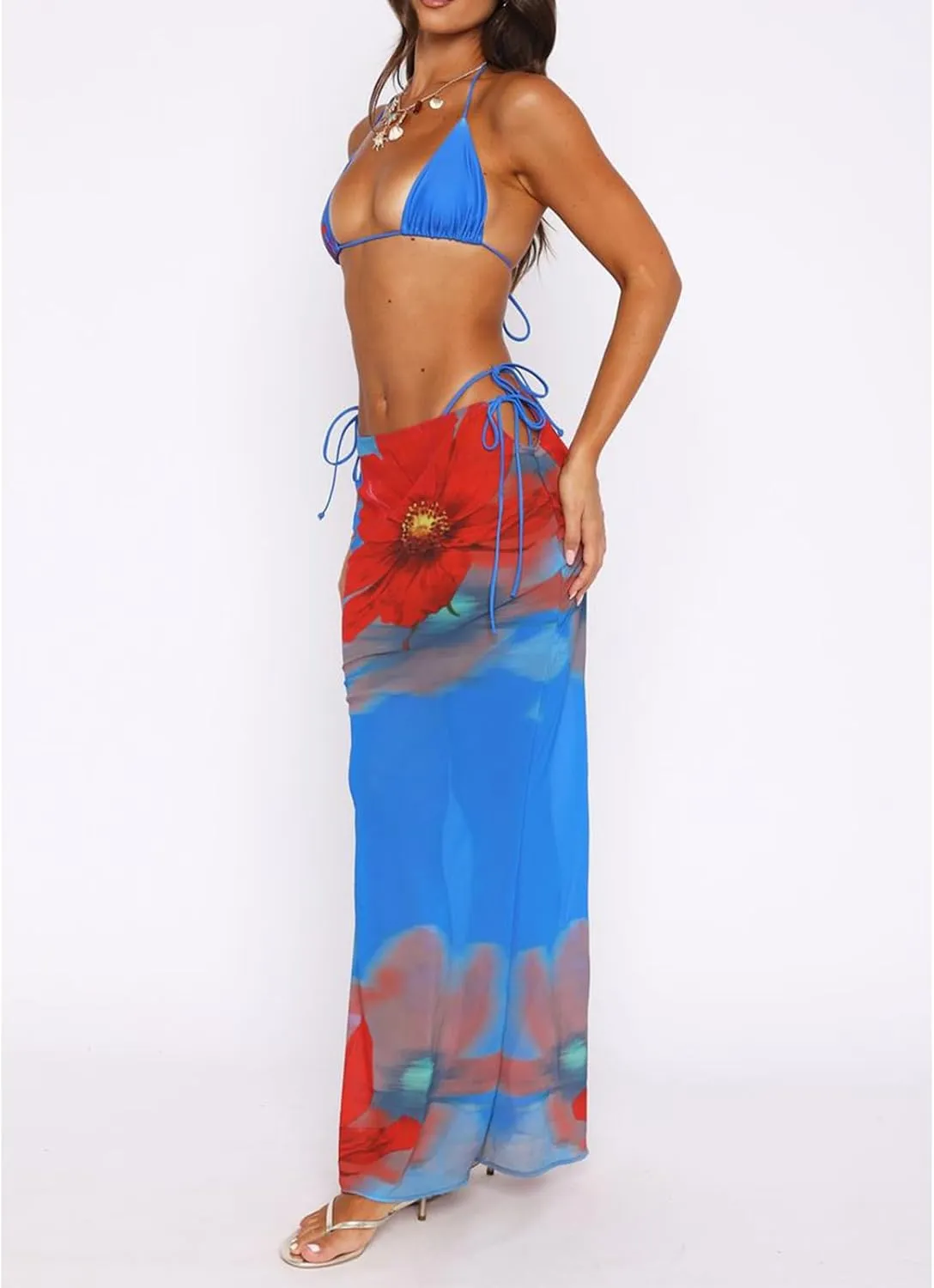 Women's Y2K Sheer Lace Skirt Floral Mesh Long Maxi Skirts Cover Up See-Through Beach Skirts Flowy Tulle Skirts