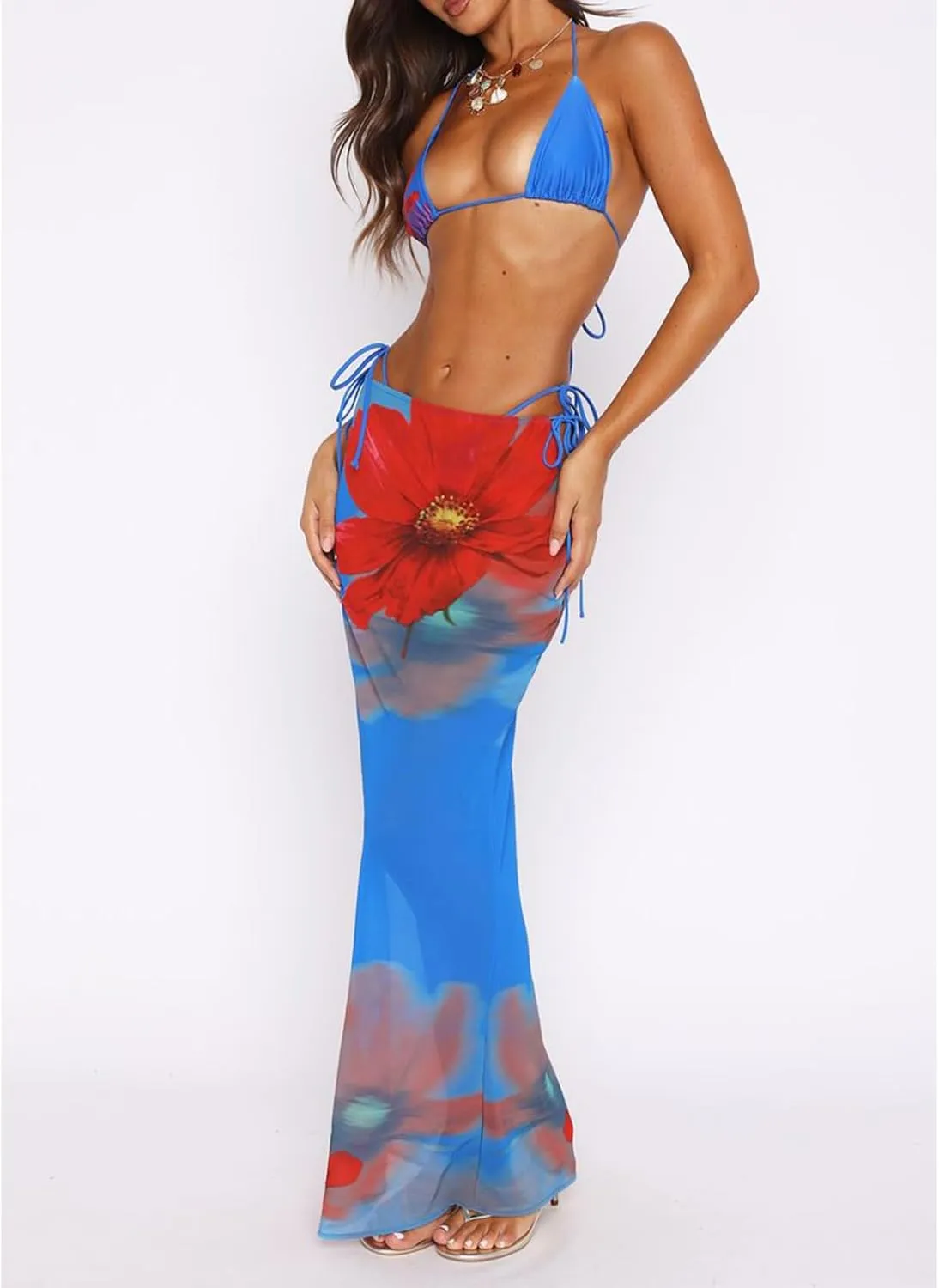 Women's Y2K Sheer Lace Skirt Floral Mesh Long Maxi Skirts Cover Up See-Through Beach Skirts Flowy Tulle Skirts